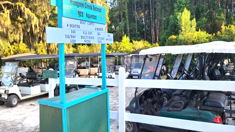 Mungeon Creek Retreat Golf Carts. golf carts in a fenced lot
